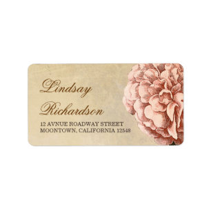 vintage address label with pink peony blossom