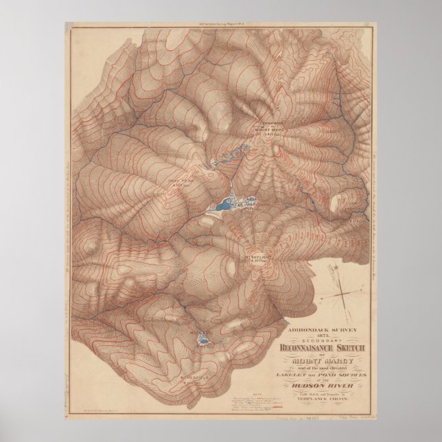 Vintage Adirondack Mountains Topography Map (1873) Poster (Front)