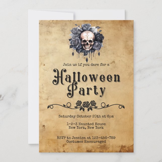 Vintage Adult Halloween Party Floral Skull Invitation (Front)