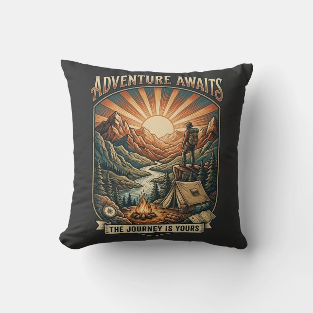 Vintage Adventure Awaits Retro Mountain Cushion (Front)