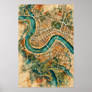 Vintage Aerial River City Map Wall Art