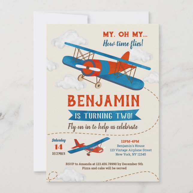 Vintage Aeroplane 2nd Birthday Party Invitations (Front)