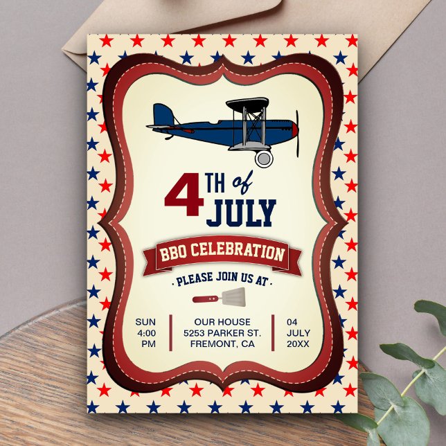 Vintage Aeroplane 4th Of July BBQ Party Invitation (Creator Uploaded)