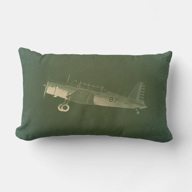 Vintage Aeroplane #87 Green Cotton Lumbar Pillow (Front)
