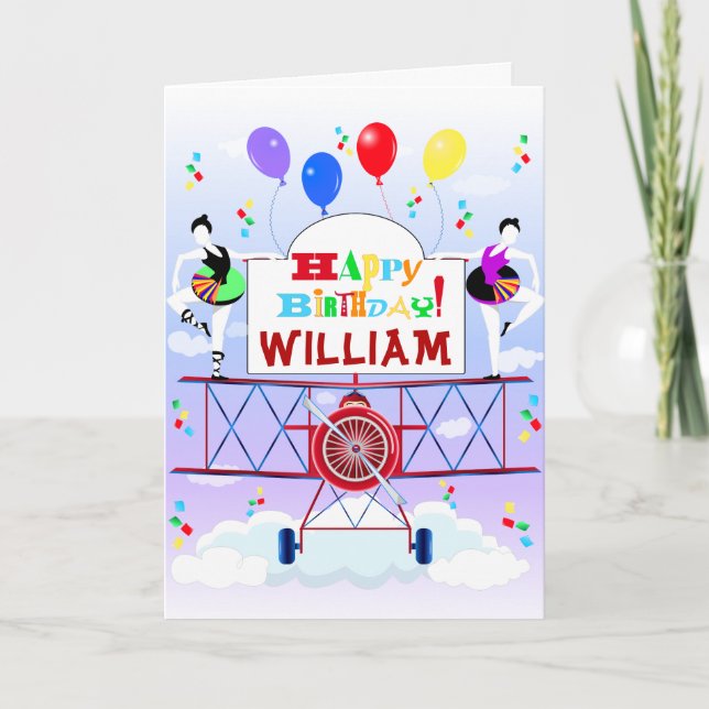 Vintage Aeroplane Acrobats Balloons Birthdays Card (Front)