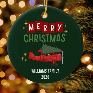 Vintage Aeroplane and Christmas Tree Photo Funny Ceramic Tree Decoration