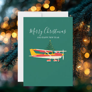 Vintage Aeroplane and Christmas Tree Photo Funny Holiday Card