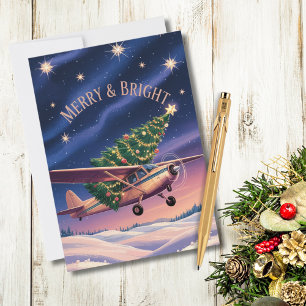 Vintage Aeroplane and Christmas Tree Photo Funny Holiday Card