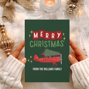 Vintage Aeroplane and Christmas Tree Photo Funny Holiday Card