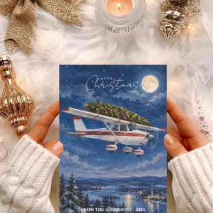 Vintage Aeroplane and Christmas Tree Photo Funny Holiday Card