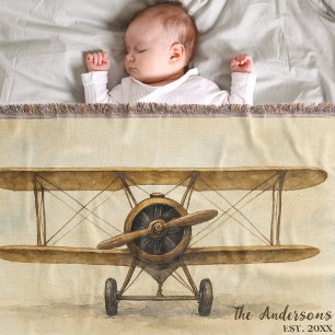Vintage Aeroplane Antique Biplane Family Name Year Throw Blanket