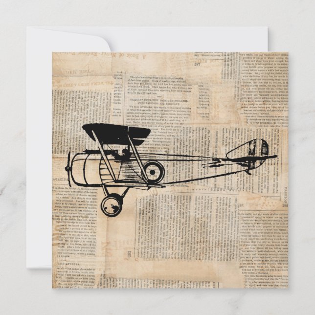 Vintage Aeroplane Antique Plane on Newspaper Text Invitation (Front)