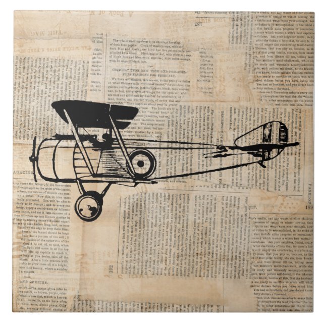 Vintage Aeroplane Antique Plane on Newspaper Text Tile (Front)