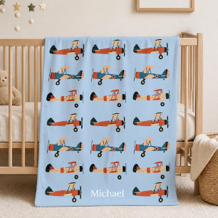 Vintage Aeroplane Aviator Baby Boy Custom Nursery Fleece Blanket