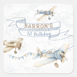 Vintage Aeroplane Aviator Pilot 1st Birthday Square Sticker