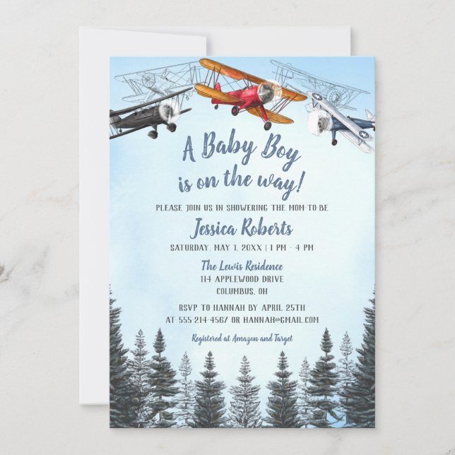 Vintage Aeroplane Baby Boy Baby Shower Invitation (Front)