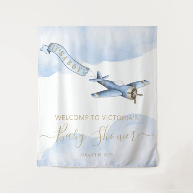Vintage Aeroplane Baby Shower Backdrop Tapestry (Front)