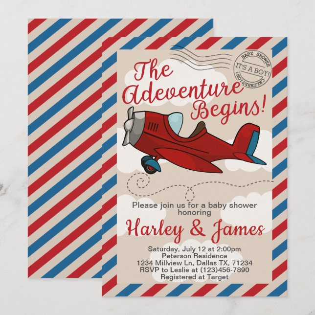 Vintage Aeroplane Baby Shower Invitation Invite (Front/Back)