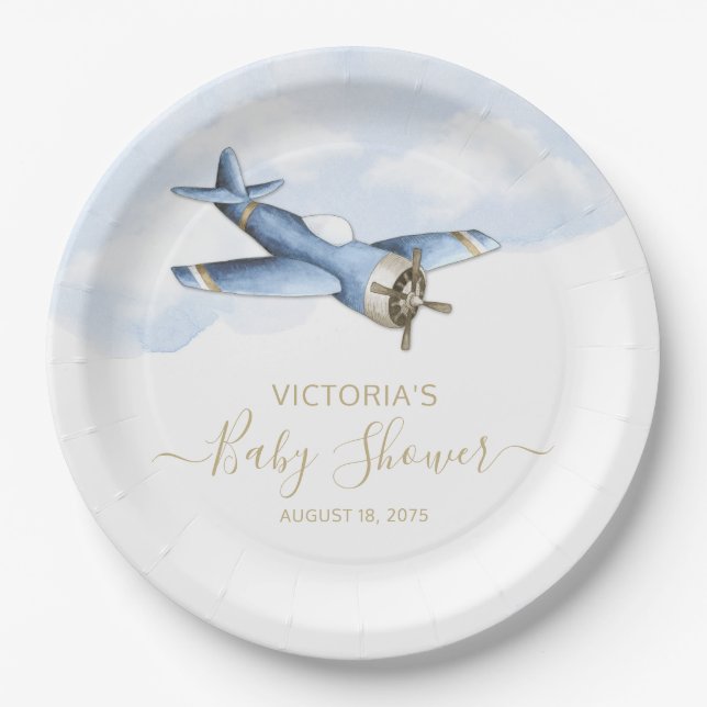 Vintage Aeroplane Baby Shower Paper Plates (Front)