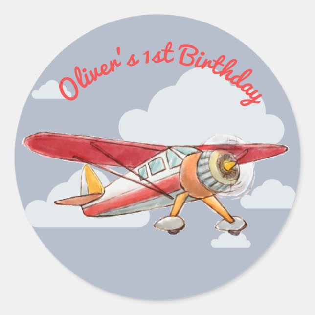 Vintage Aeroplane Birthday Classic Round Sticker (Front)