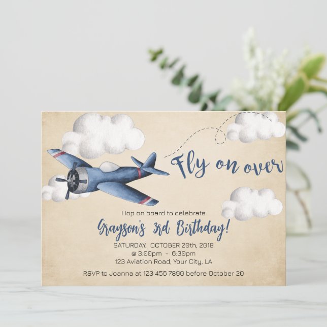 Vintage Aeroplane Birthday Invitation, Boy Invite (Standing Front)