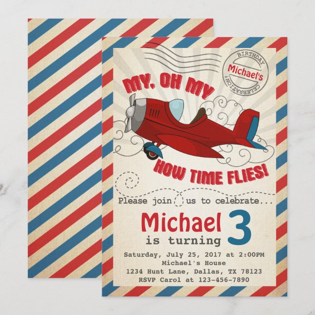 Vintage Aeroplane Birthday Party Invitation Invite (Front/Back)