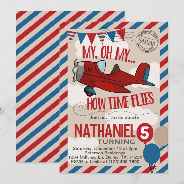 Vintage Aeroplane Birthday Party Invitation Invite (Front/Back)