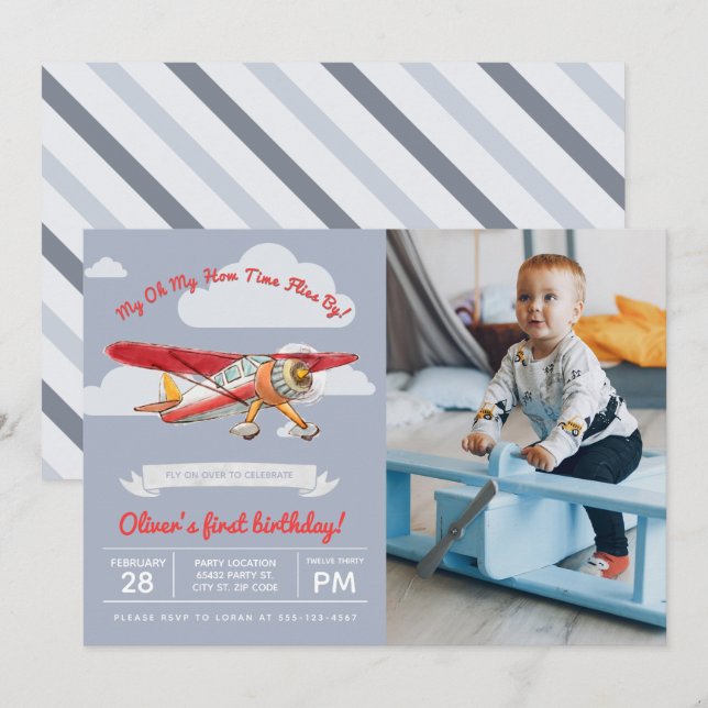 Vintage Aeroplane Birthday, Photo Invitation (Front/Back)