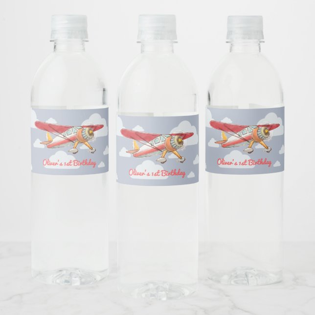 Vintage Aeroplane Birthday Water Bottle Label (Bottles)