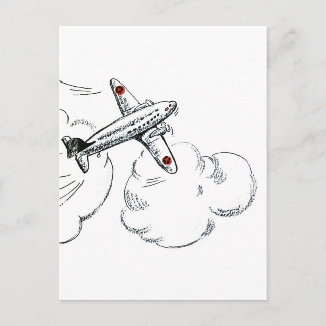 Vintage Aeroplane Black and White Drawing Postcard (Front)