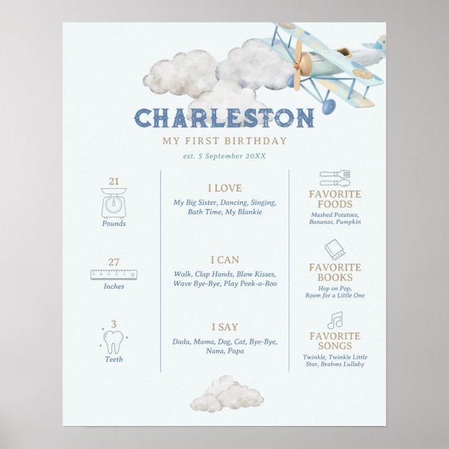 Vintage Aeroplane Blue Milestone Birthday Poster (Front)