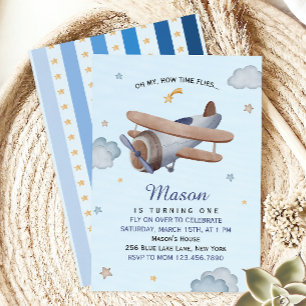 Vintage Aeroplane Blue Sky First Birthday Invitation