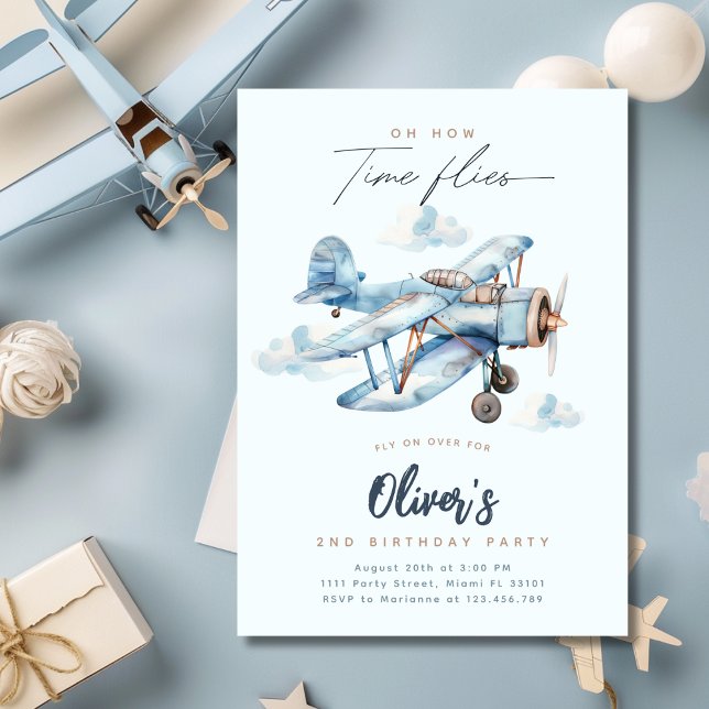 Vintage Aeroplane Blue Travel Boy Birthday Party Invitation (Vintage Airplane Blue Travel Boy Birthday Party Invitation)