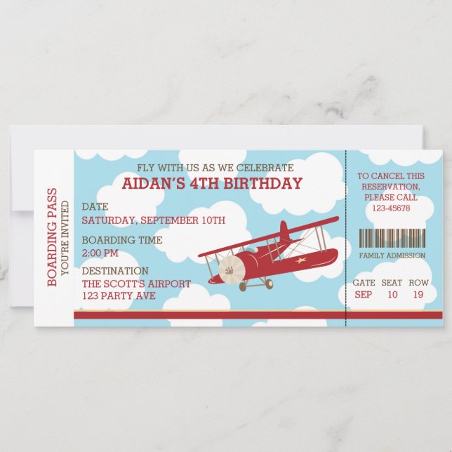 Vintage Aeroplane Boarding Pass Ticket Birthday Invitation (Front)