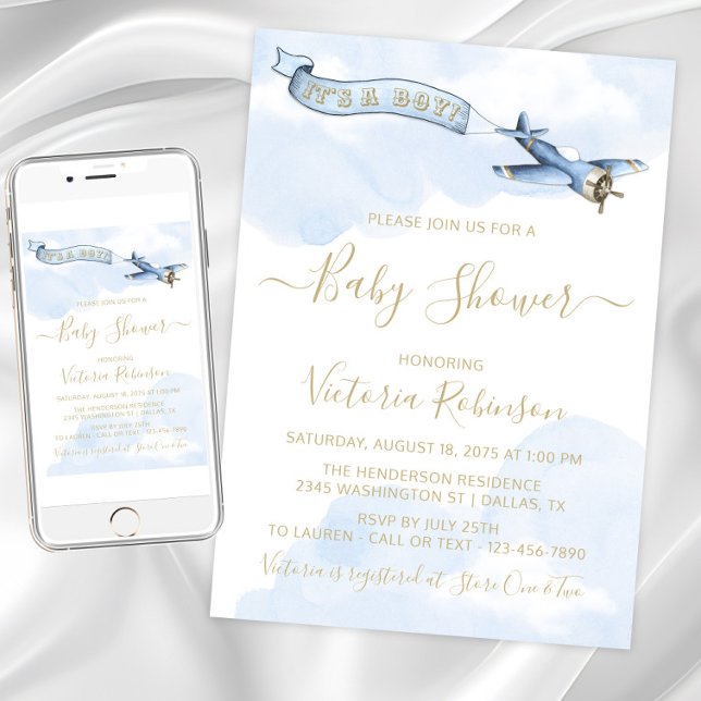 Vintage Aeroplane Boy Blue Gold Baby Shower Invitation (Boy airplane baby shower invitation. Instant download and printed invitations available.)