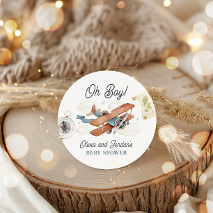 Vintage Aeroplane Boy Travel Baby Shower Favour Classic Round Sticker