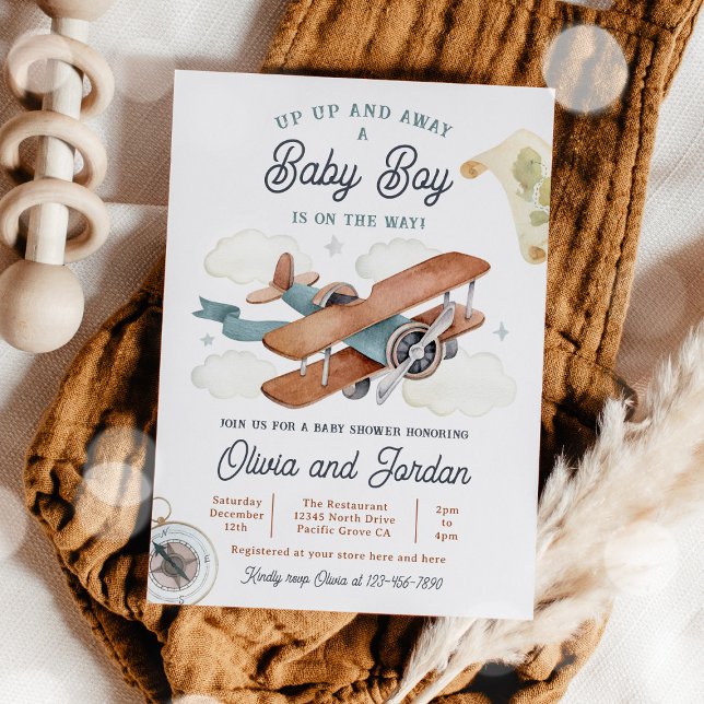 Vintage Aeroplane Boy Travel Baby Shower Invitation (Creator Uploaded)