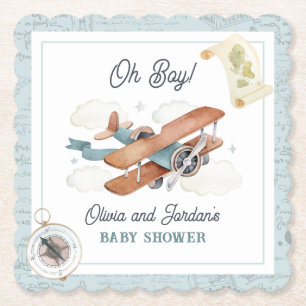 Vintage Aeroplane Boy Travel Baby Shower Paper Coaster
