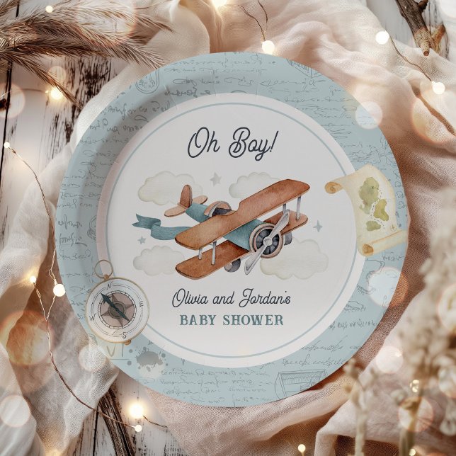 Vintage Aeroplane Boy Travel Baby Shower Paper Plate (Creator Uploaded)