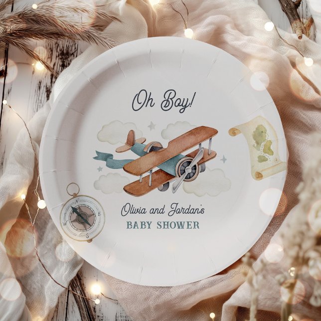 Vintage Aeroplane Boy Travel Baby Shower Paper Plate (Creator Uploaded)
