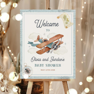 Vintage Aeroplane Boy Travel Baby Shower Welcome Poster