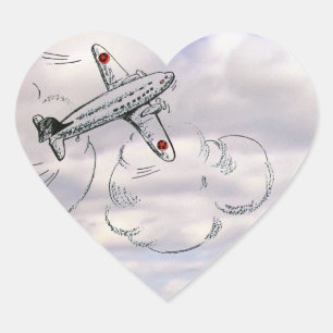 Vintage Aeroplane Drawing in the Clouds Heart Sticker