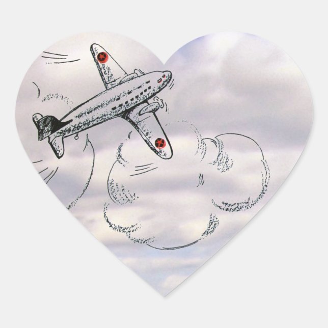 Vintage Aeroplane Drawing in the Clouds Heart Sticker (Front)