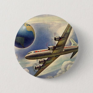 Vintage Aeroplane Flying Around the World in Cloud 6 Cm Round Badge
