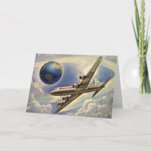 Vintage Aeroplane Flying Around the World in Cloud Card