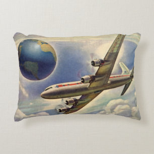 Vintage Aeroplane Flying Around the World in Cloud Decorative Cushion
