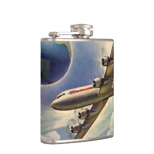 Vintage Aeroplane Flying Around the World in Cloud Hip Flask