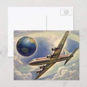 Vintage Aeroplane Flying Around the World in Cloud Postcard