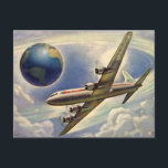 Vintage Aeroplane Flying Around the World in Cloud Postcard<br><div class="desc">Vintage illustration travel and transportation design featuring a Douglas DC-7,  four-engined,  commercial,  propeller aircraft. flying around the world. Fluffy white clouds in the sky high above the earth.</div>