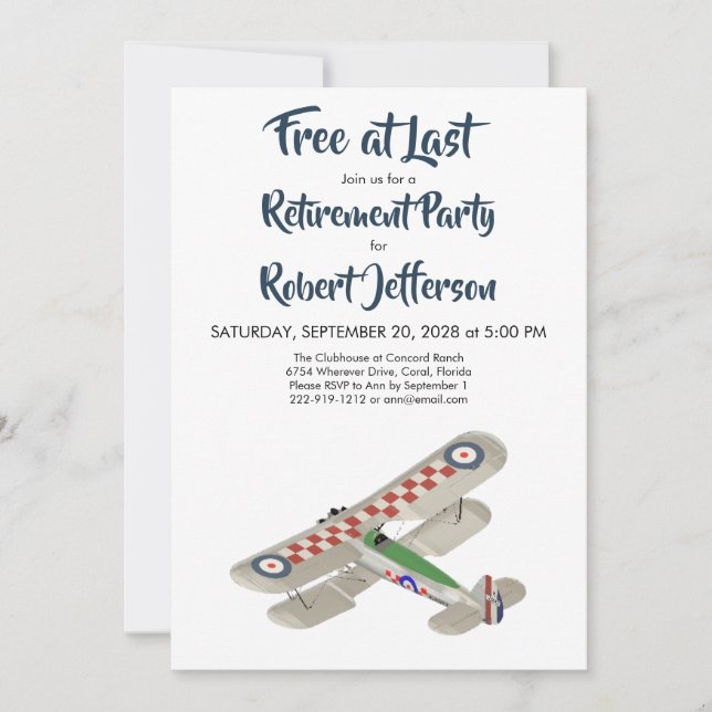 Vintage Aeroplane Free at Last Blue Retirement Invitation (Front)